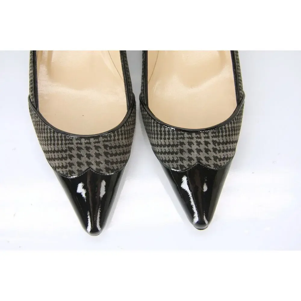 Manolo Blahnik Grey Houndstooth Tweed Ahalaya Cap Toe Ballet Flats